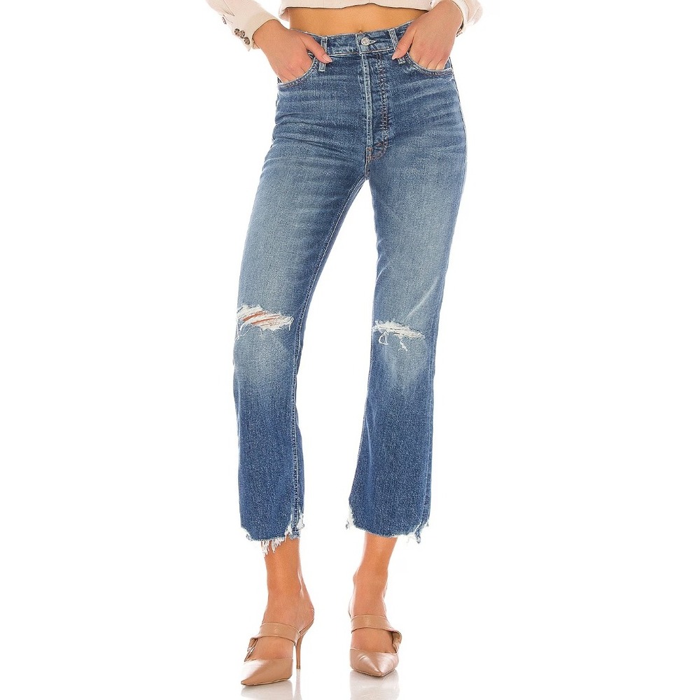 MOTHER The Tripper Chew Jeans Blue Women Size 27 High Rise Distressed Flare